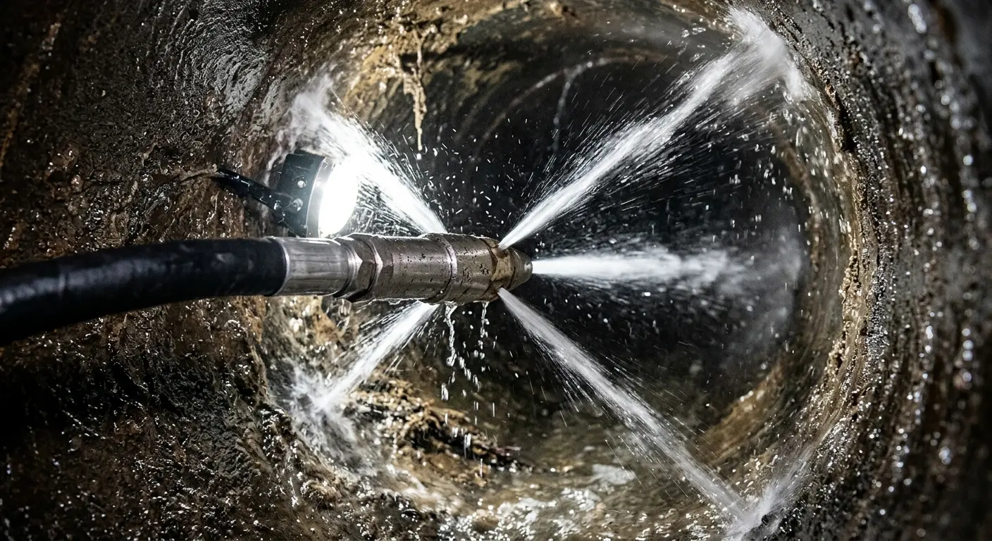 High-pressure hydro jetting nozzle cleaning sewer pipe for Sewer Cleanout in Chanceford