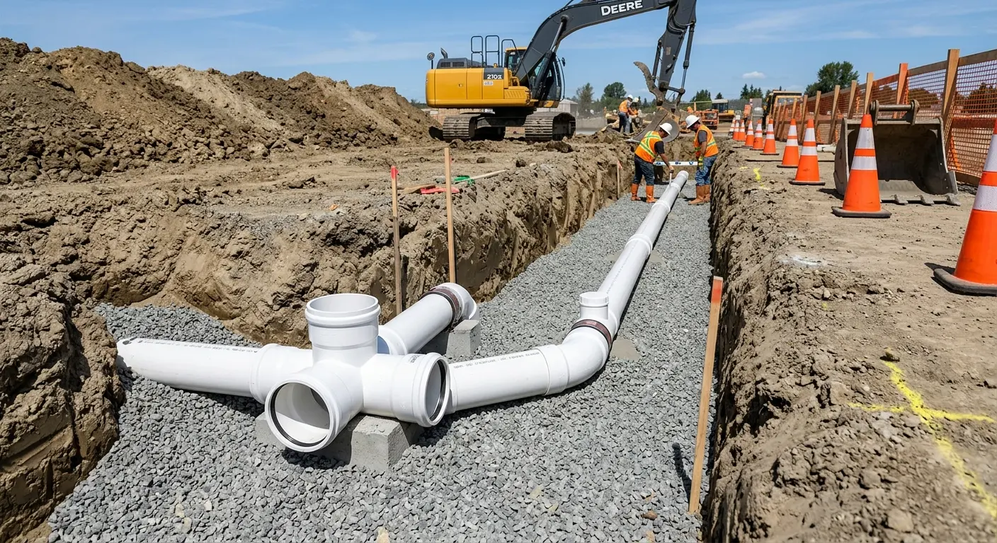 New PVC sewer pipe installation in open trench for Grease Trap Cleaning in Chanceford