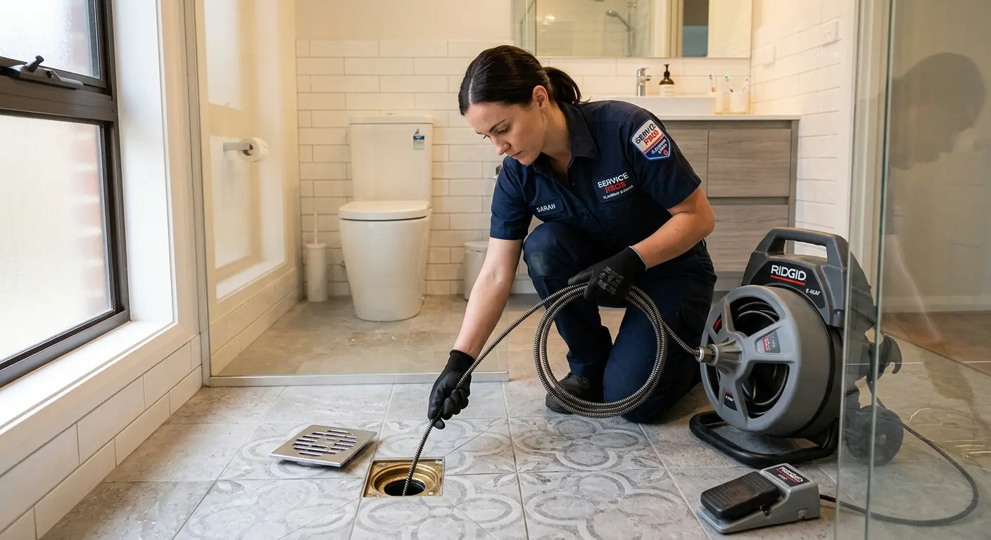 Technician clearing a bathroom floor drain for Drain Cleaning in Chanceford